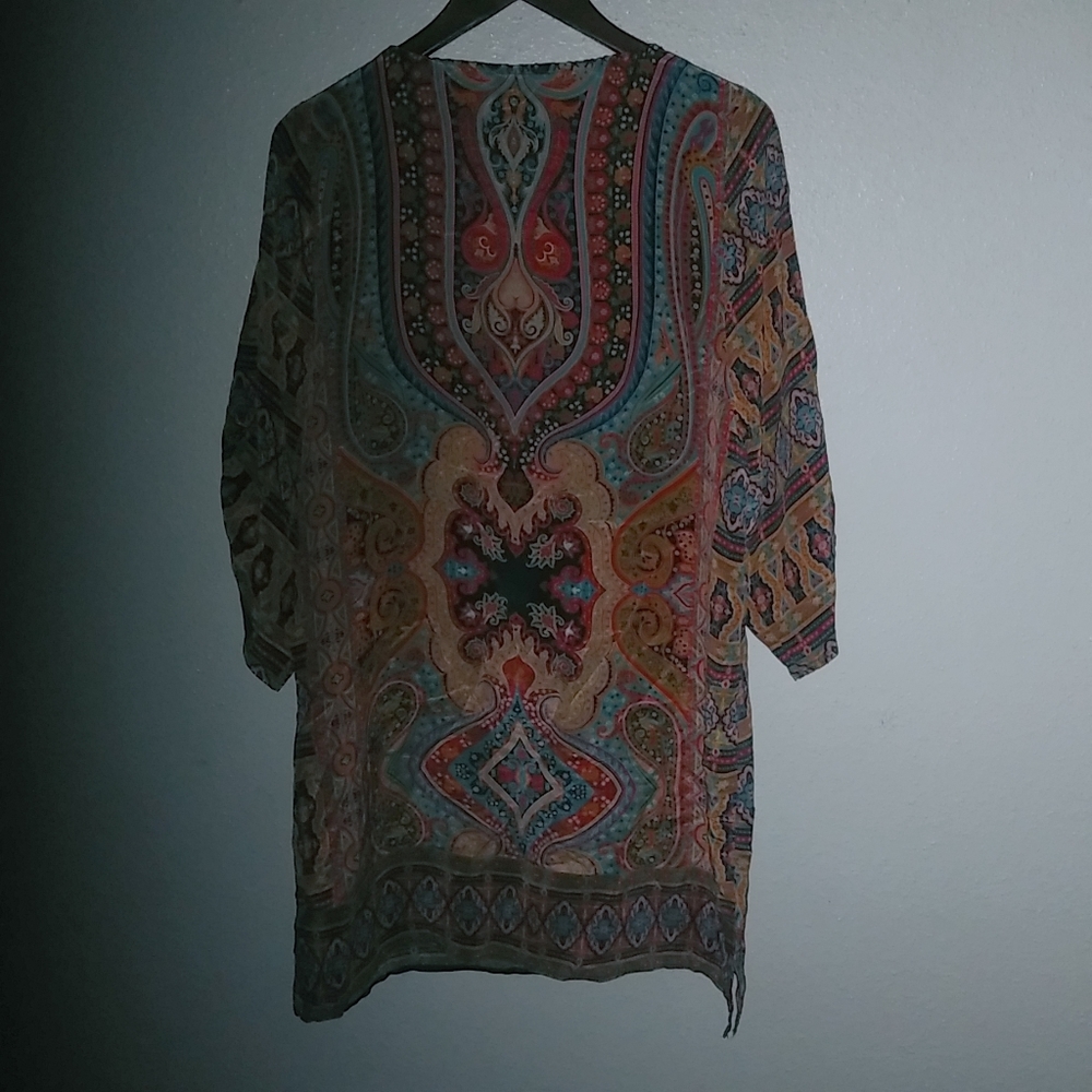 Tolani NOVA L Silk Boho Paisley Rich Colors Caftan Dress in Turquoise n Red - Picture 4 of 11
